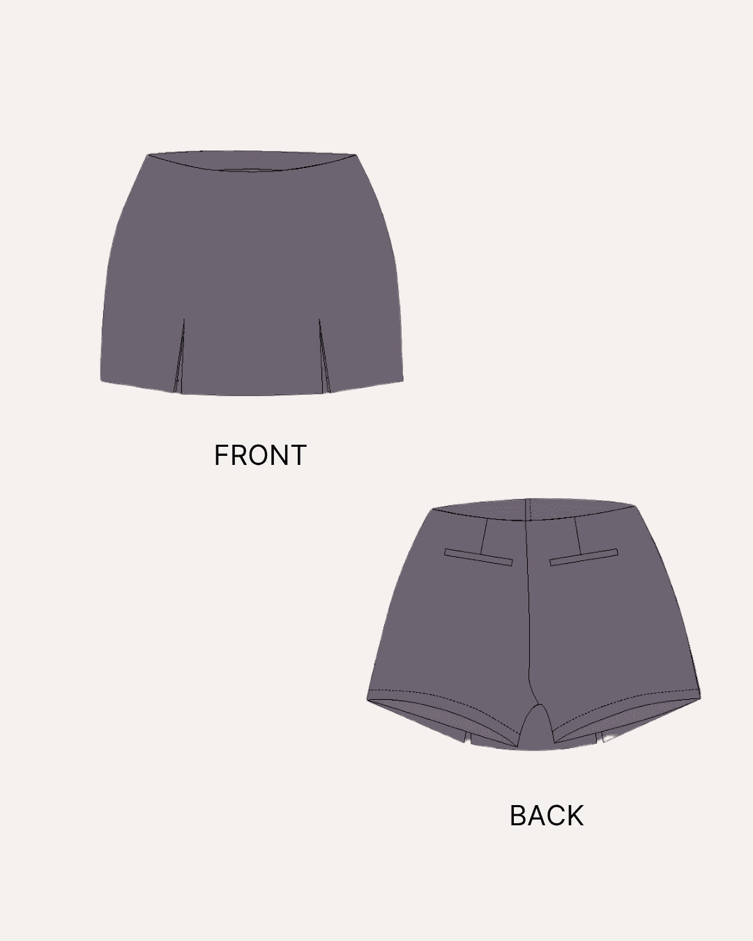 Front and back views of gray shorts with side slits for sewing pattern