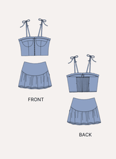 Illustration of a blue bustier top and mini skirt sewing pattern with front and back views