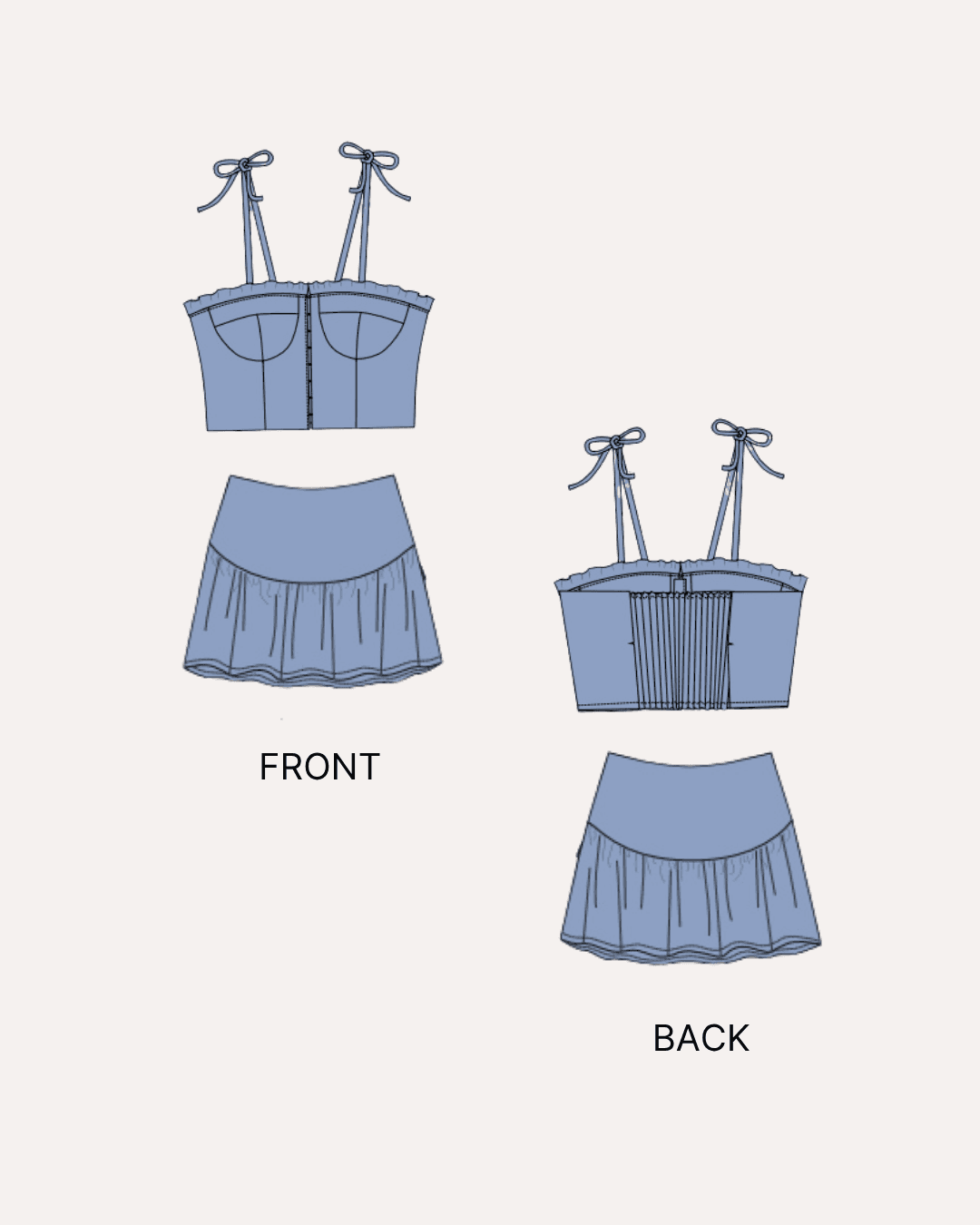 Illustration of a blue bustier top and mini skirt sewing pattern with front and back views