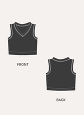 Sweater vest sewing pattern 'Nadine' front and back design with ribbed armholes, V-neck, and sleeveless style for fall and winter