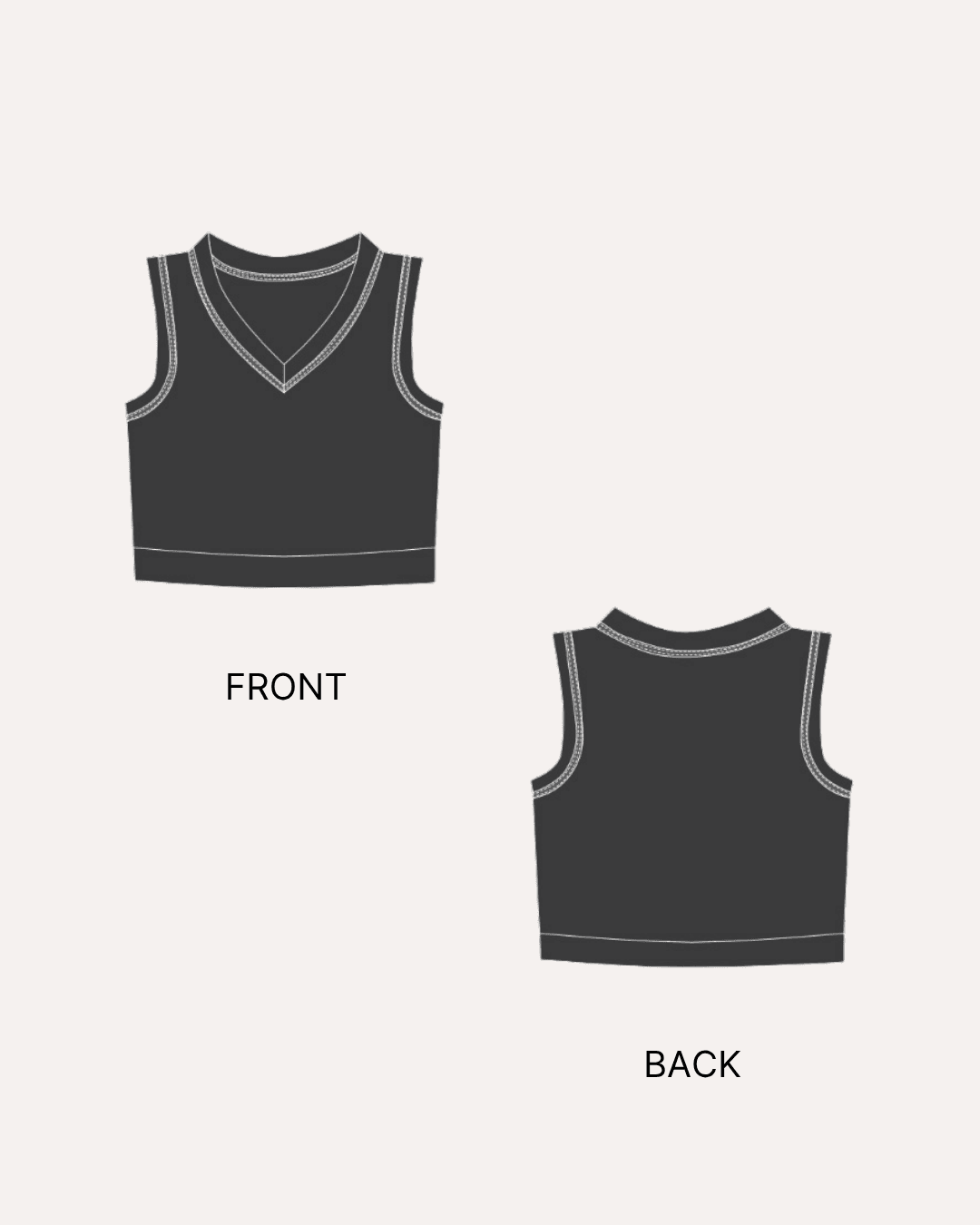 Sweater vest sewing pattern 'Nadine' front and back design with ribbed armholes, V-neck, and sleeveless style for fall and winter