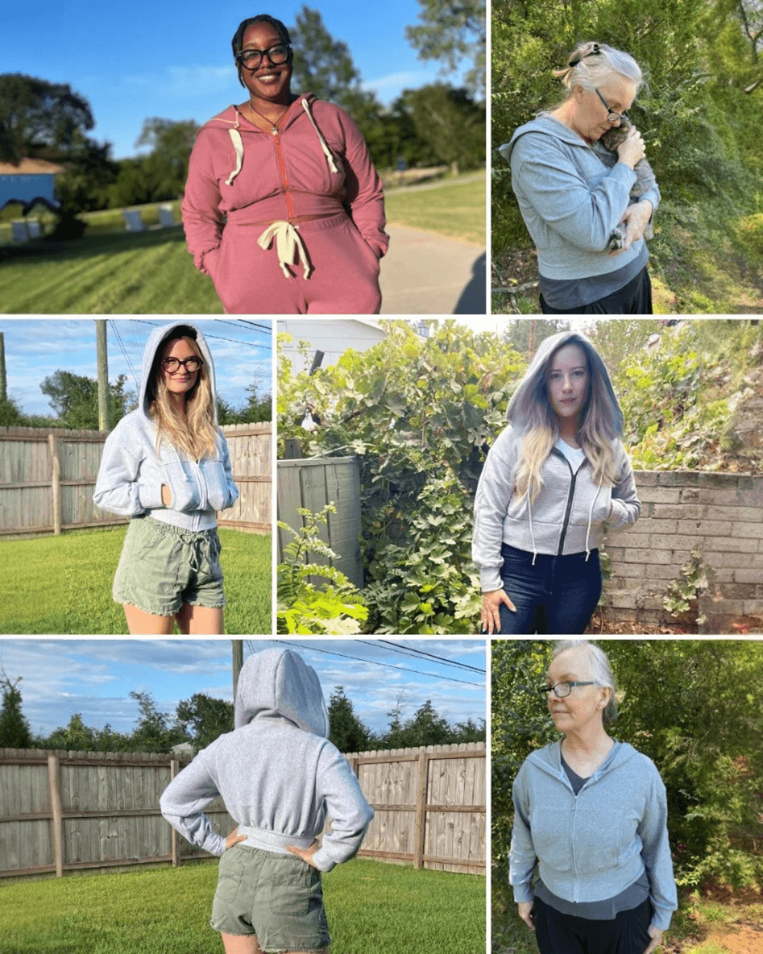 Women outdoors in pink hoodie with zipper and drawstring, demonstrating the sewing pattern for a casual hoodie with adjustable waist