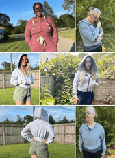 Women outdoors in pink hoodie with zipper and drawstring, demonstrating the sewing pattern for a casual hoodie with adjustable waist