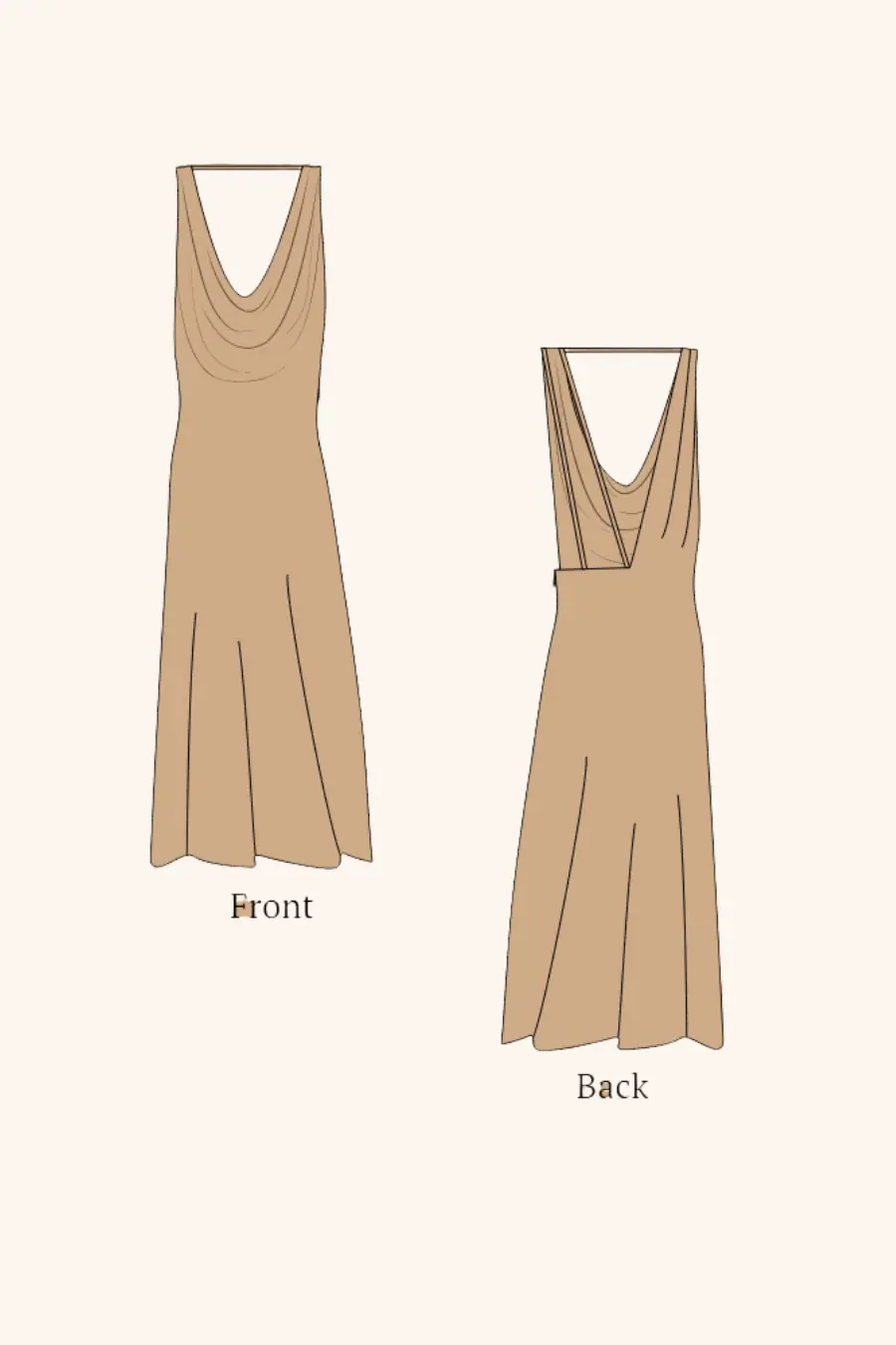 2d sketch of the backless cowl neck gown pattern from winslet's