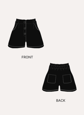 Women's shorts sewing pattern illustration with front and back views