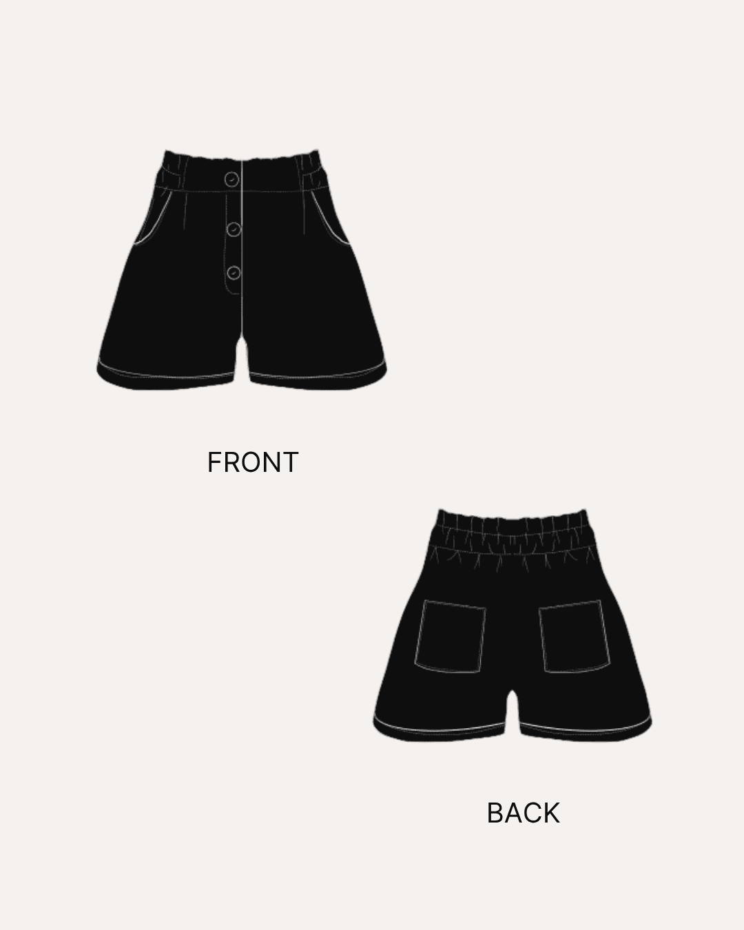 Women's shorts sewing pattern illustration with front and back views