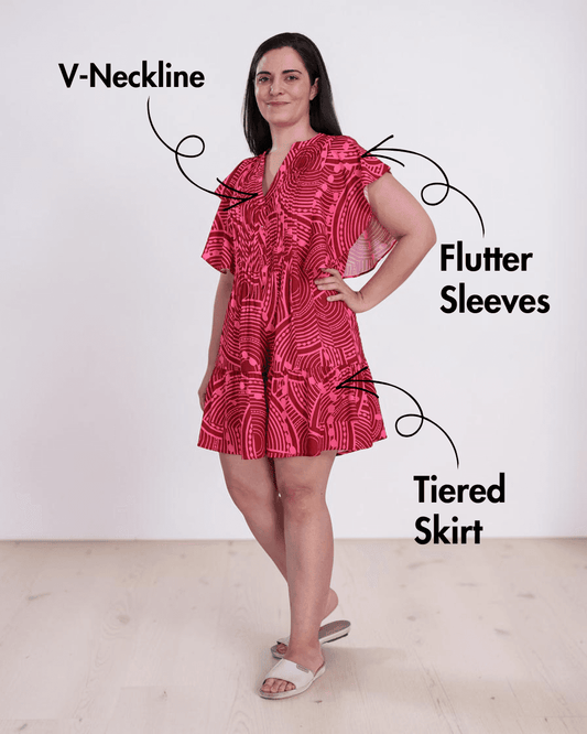Woman in pink patterned Flutter Sleeve Dress with V-Neck and Tiered Skirt