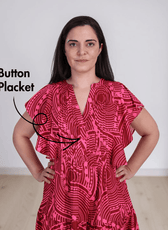 Woman in floral Flutter Sleeve Dress with Button Placket and V-Neck