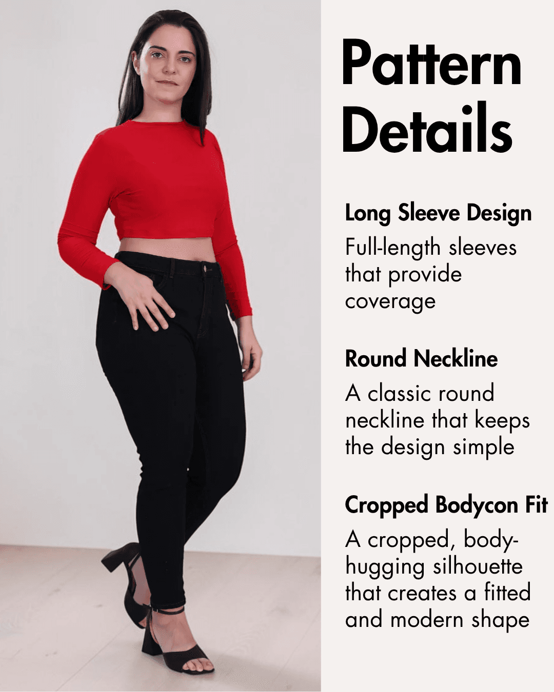 Pattern details for long sleeve crop top with front and back views
