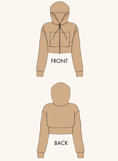 Technical illustration of the 'Rue' zip-up hoodie sewing pattern. Shows front and back views with a cropped fit, ribbed waistband, and hood details.