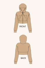 Technical illustration of the 'Rue' zip-up hoodie sewing pattern. Shows front and back views with a cropped fit, ribbed waistband, and hood details.