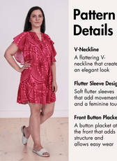 Pattern details for sewing PDF dress with tiered skirt, V-neck, short sleeves, and button placket