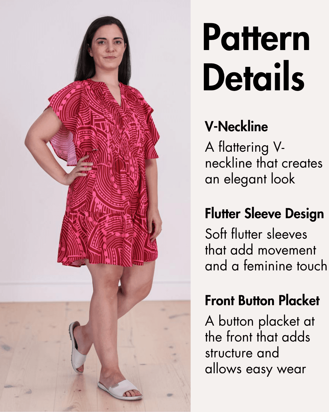Pattern details for sewing PDF dress with tiered skirt, V-neck, short sleeves, and button placket