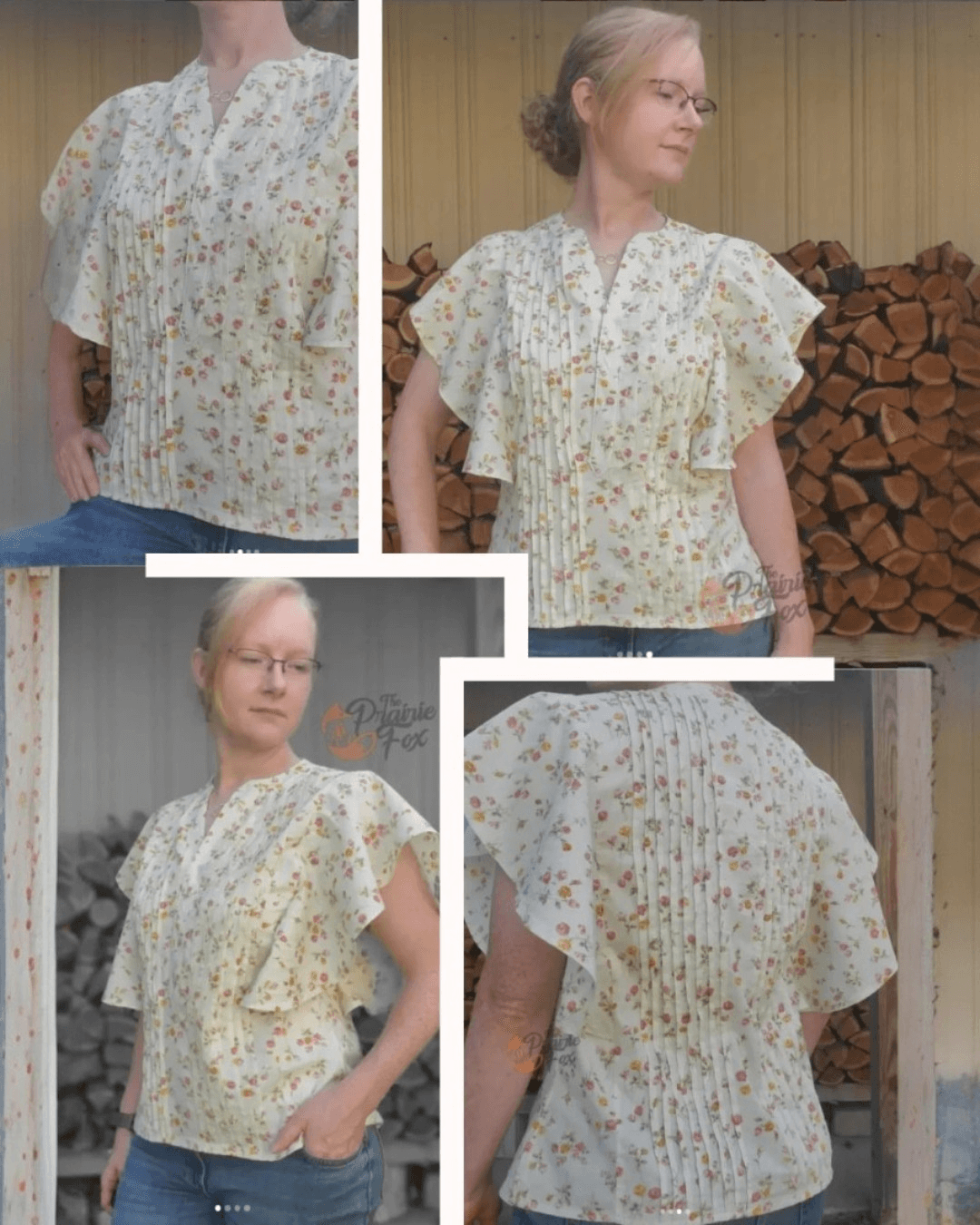 Close-up of floral patterned Flutter Sleeve Dress with Button Placket