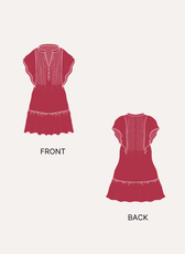 Illustration of front and back views of Flutter Sleeve Dress Sewing Pattern 'Euphoria' in red fabric