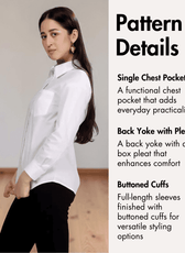 Pattern details for sewing pattern including single chest pocket, back yoke with pleat, and buttoned cuffs
