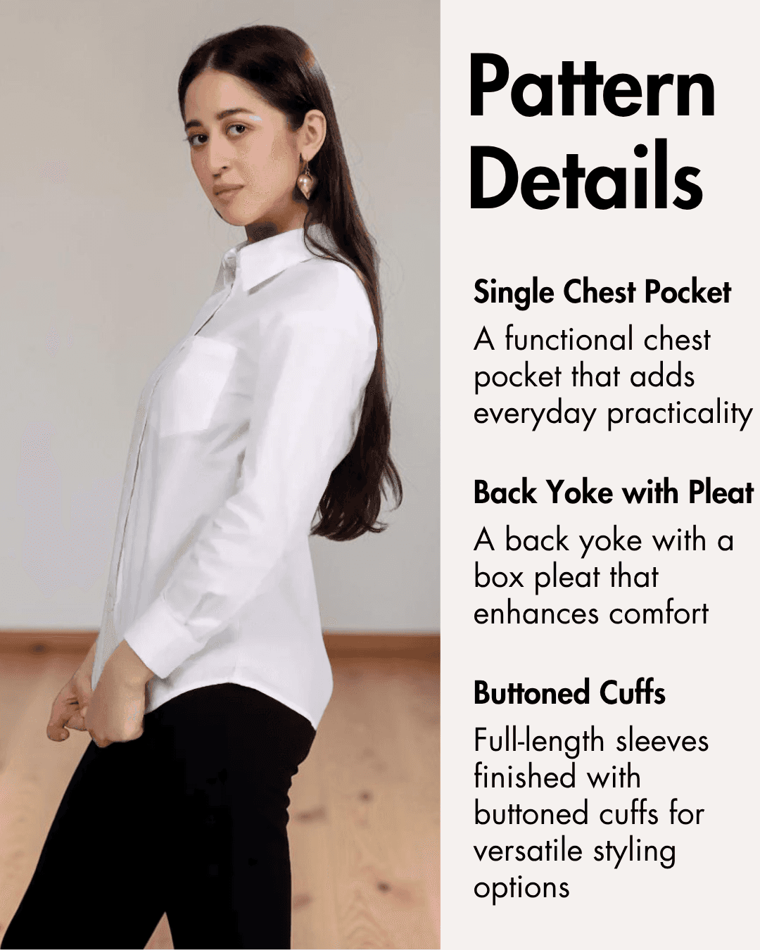 Pattern details for sewing pattern including single chest pocket, back yoke with pleat, and buttoned cuffs