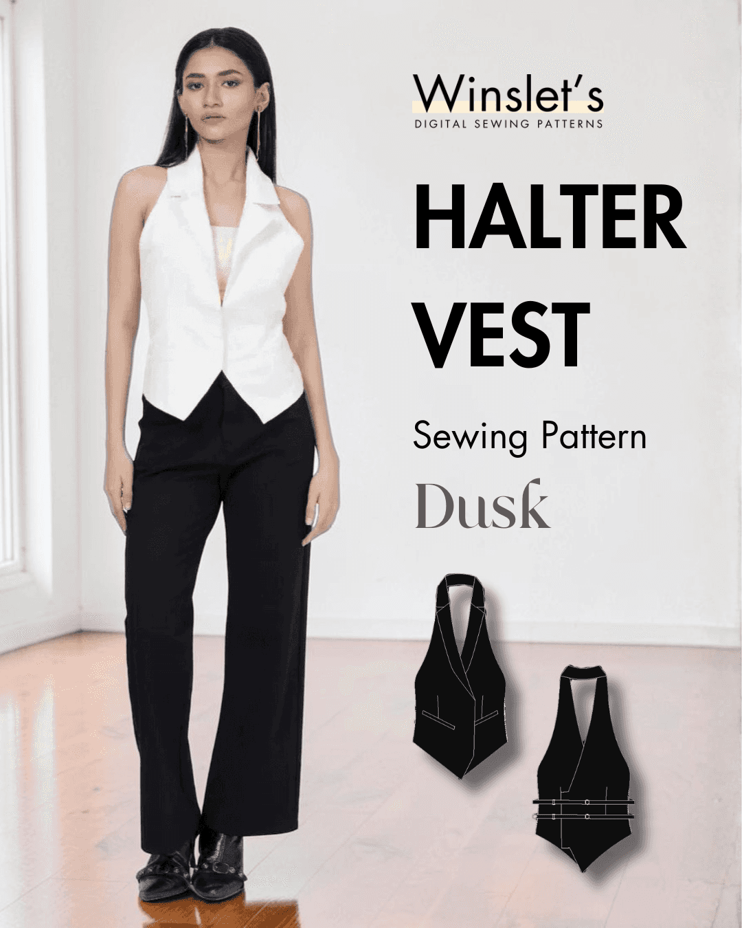 Model wearing white sleeveless halter vest with plunging neckline and adjustable back straps