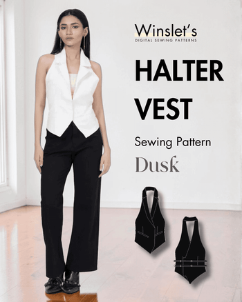 Model wearing white sleeveless halter vest with plunging neckline and adjustable back straps