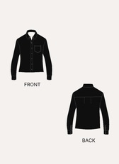 Front and back views of a black women's sewing pattern shirt with collar, chest pocket, long sleeves, and button closure