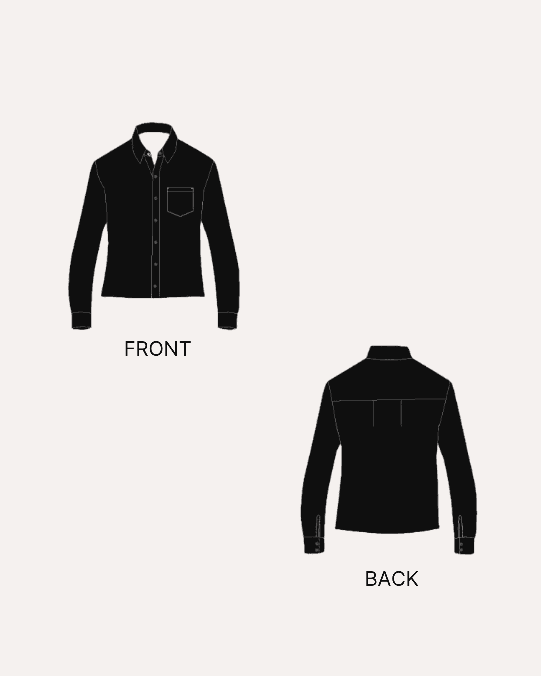 Front and back views of a black women's sewing pattern shirt with collar, chest pocket, long sleeves, and button closure