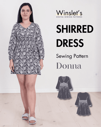 Women's PDF shirred dress sewing pattern with long sleeves and V-neck