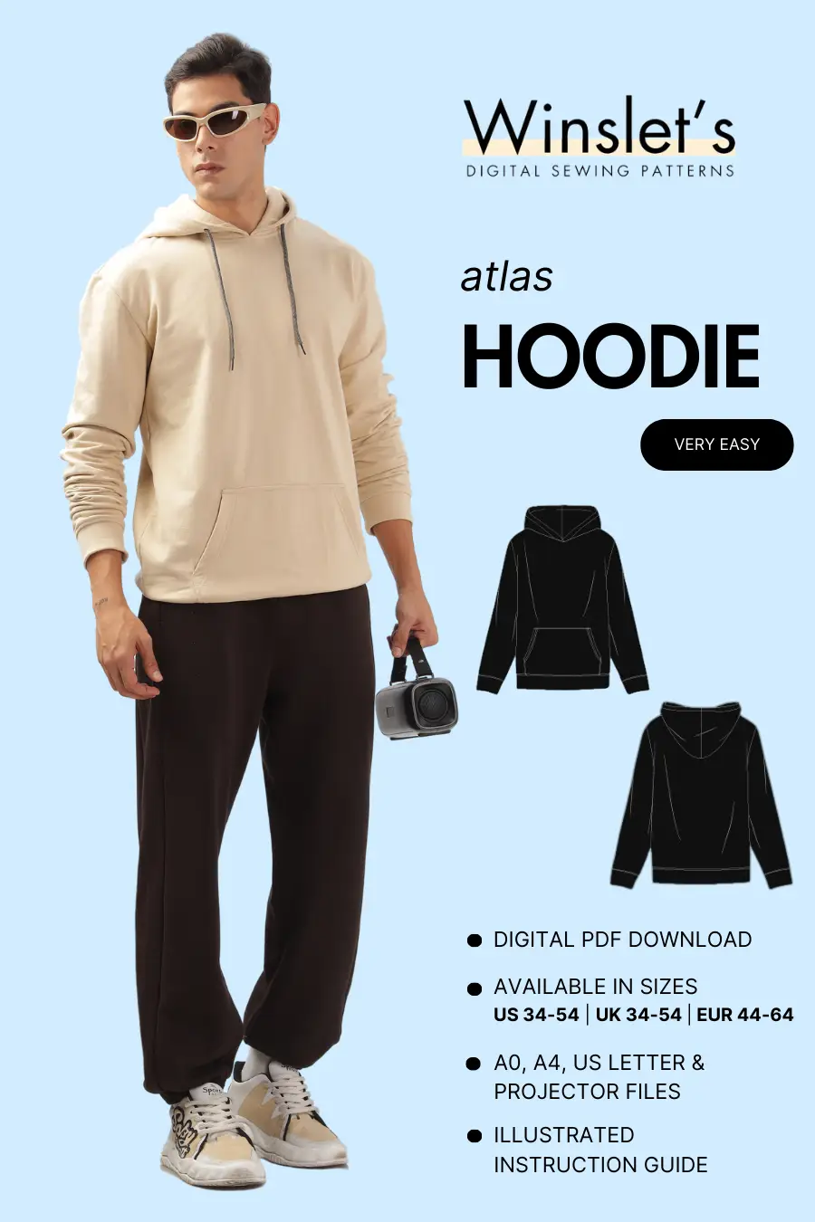 Men's Hoodie Sewing Pattern 'Atlas' from Winslet's, beginner-friendly digital PDF download. Includes sizes US 34-54, UK 34-54, EU 44-64 with A0, A4, Letter, and projector files.