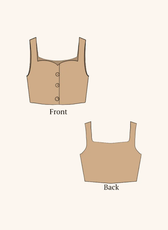 Illustration of 'Harper' cropped waistcoat sewing pattern showing front and back views. A digital pattern for a stylish, buttoned sleeveless top.