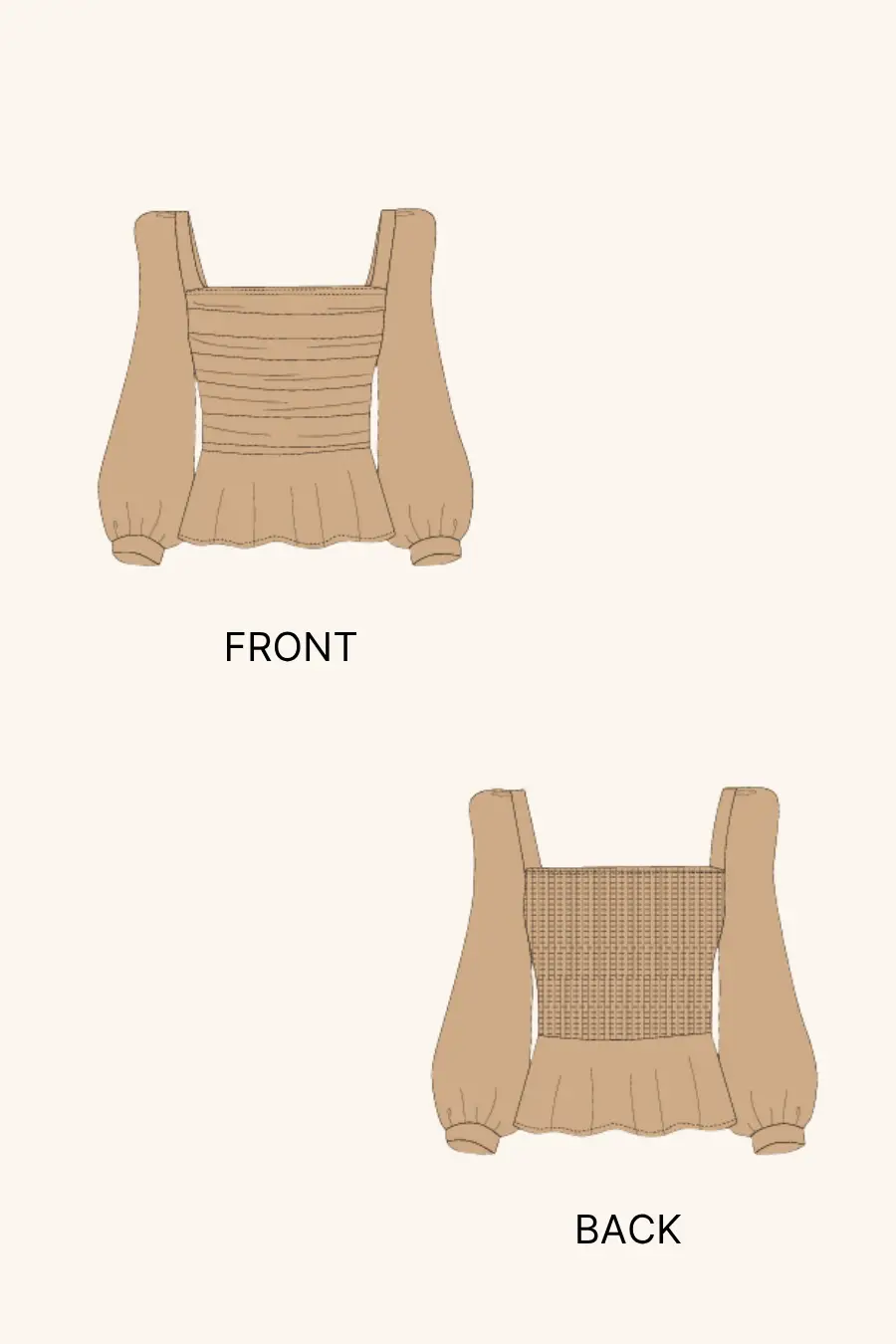 Technical illustration of Reese Peplum Top Sewing Pattern showing front and back views with puff sleeves, ruched bodice, and smocked back.