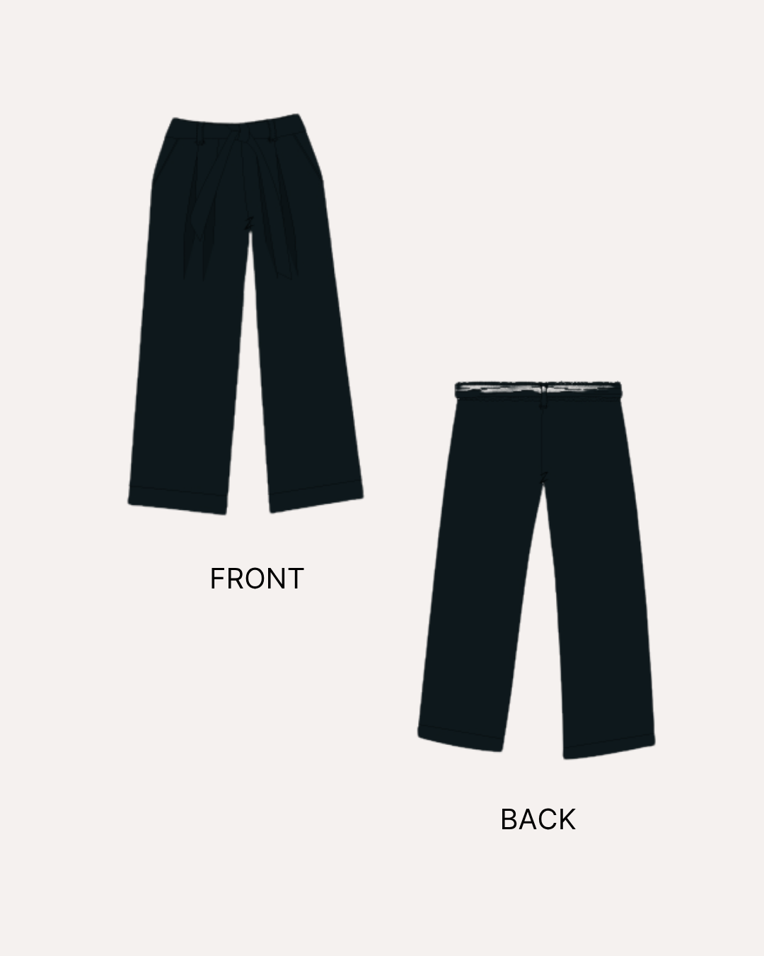 Illustration of front and back view of wide leg trousers sewing pattern 'Margot' in clothing sewing patterns