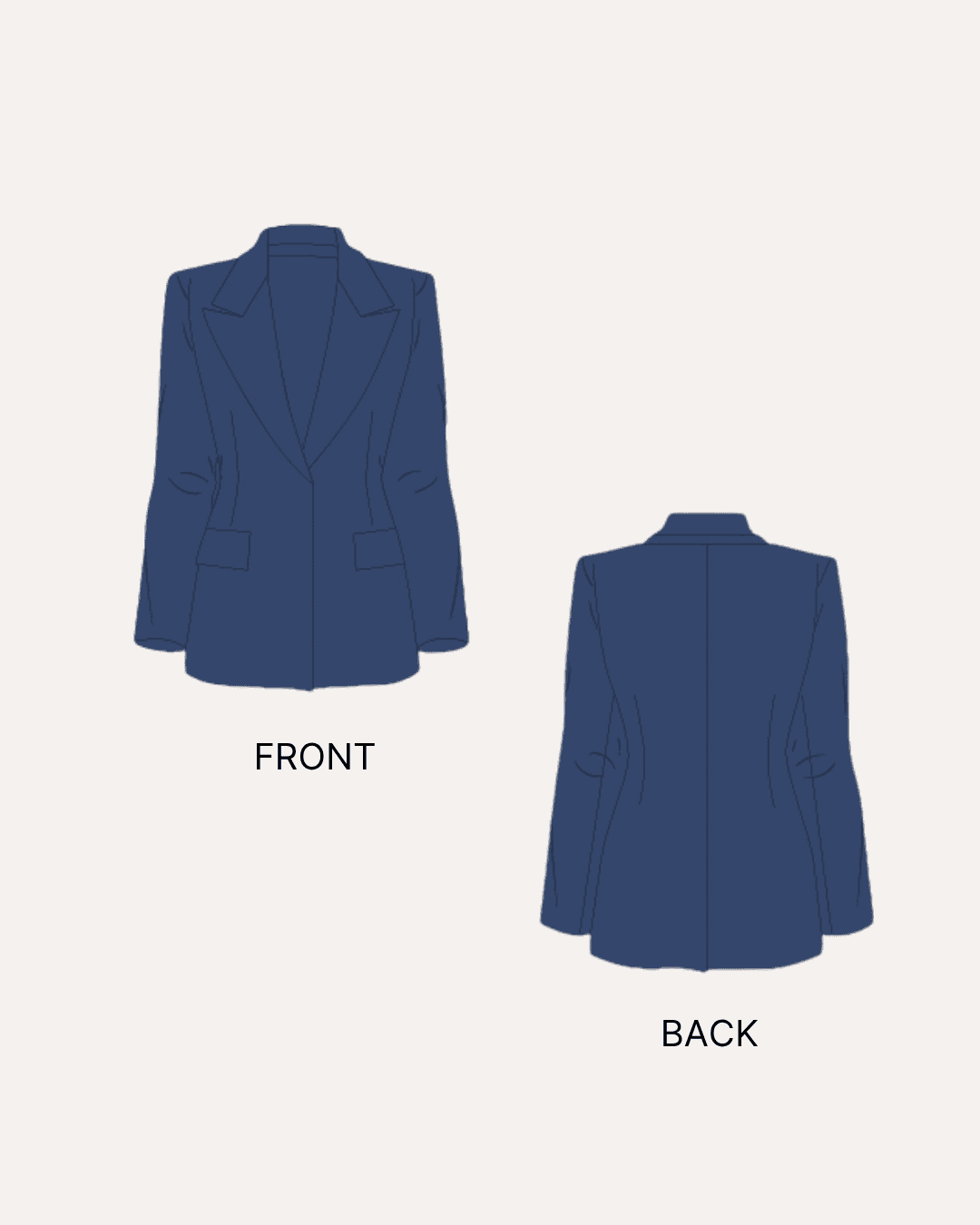Back and front sewing pattern illustrations for tailored blazer