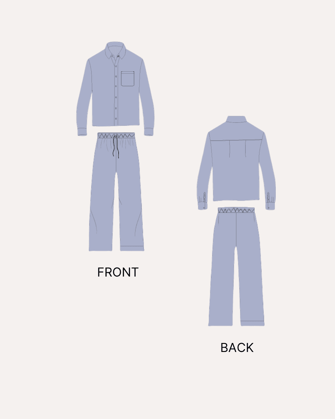 Front and Back illustrations for men's pajama set sewing pattern