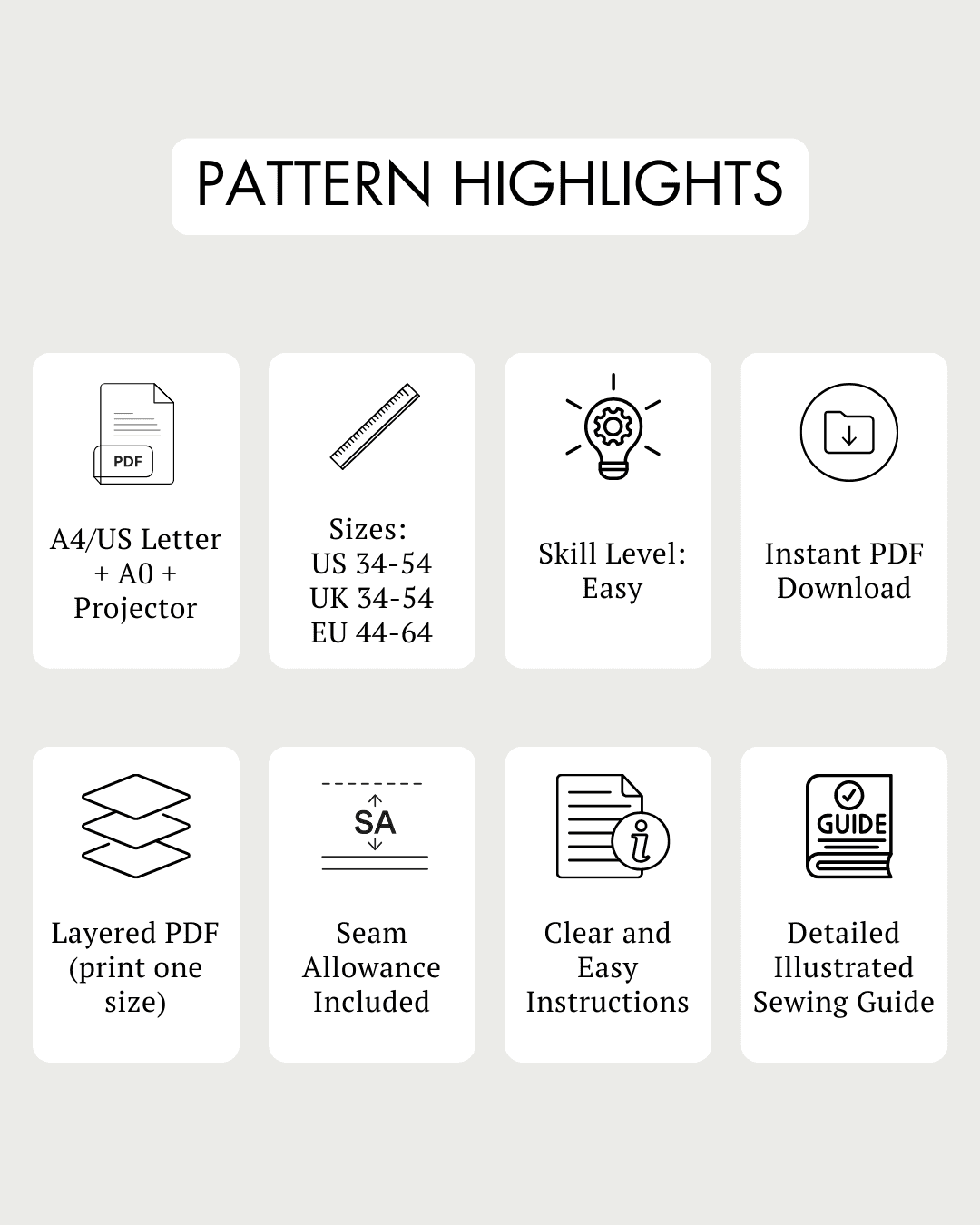 Pattern highlights for Men's Lounge Pajama Pants Sewing Pattern 'Dan' showing features like easy skill level, PDF download, and size range US 34-54.