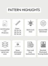 Pattern highlights for Men's Lounge Pajama Pants Sewing Pattern 'Dan' showing features like easy skill level, PDF download, and size range US 34-54.