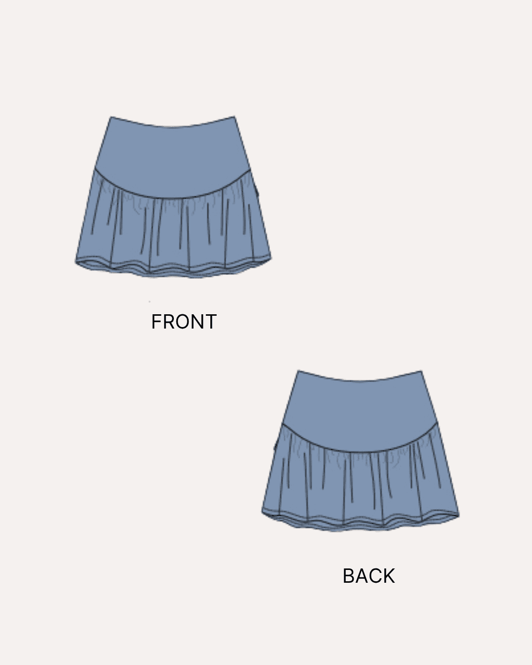 Front and back illustrations of mini flounce skirt sewing pattern