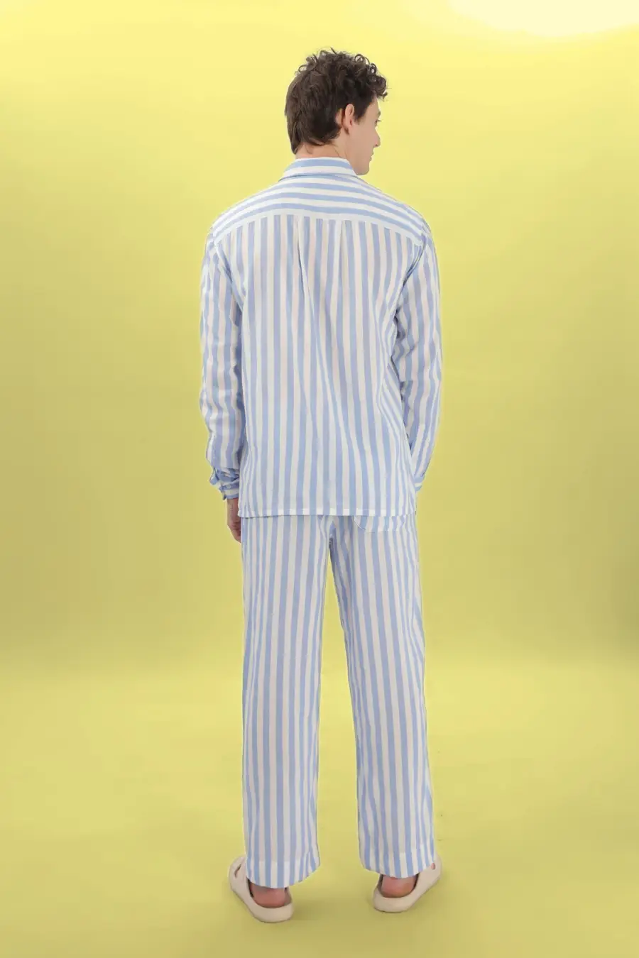 Back view of the 'Arbor' men's pajama set, showing the relaxed fit and yoke detail on the shirt. A great sewing pattern for DIY loungewear.