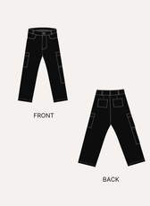 Black cargo pants technical illustration with front and back views for sewing pattern