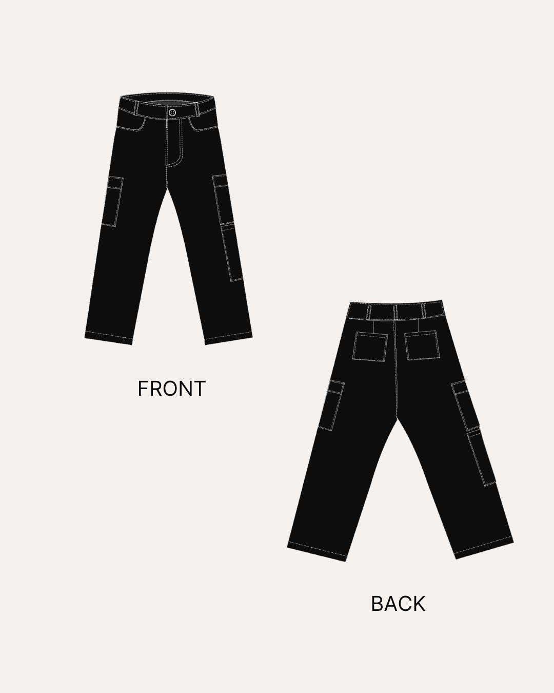 Black cargo pants technical illustration with front and back views for sewing pattern
