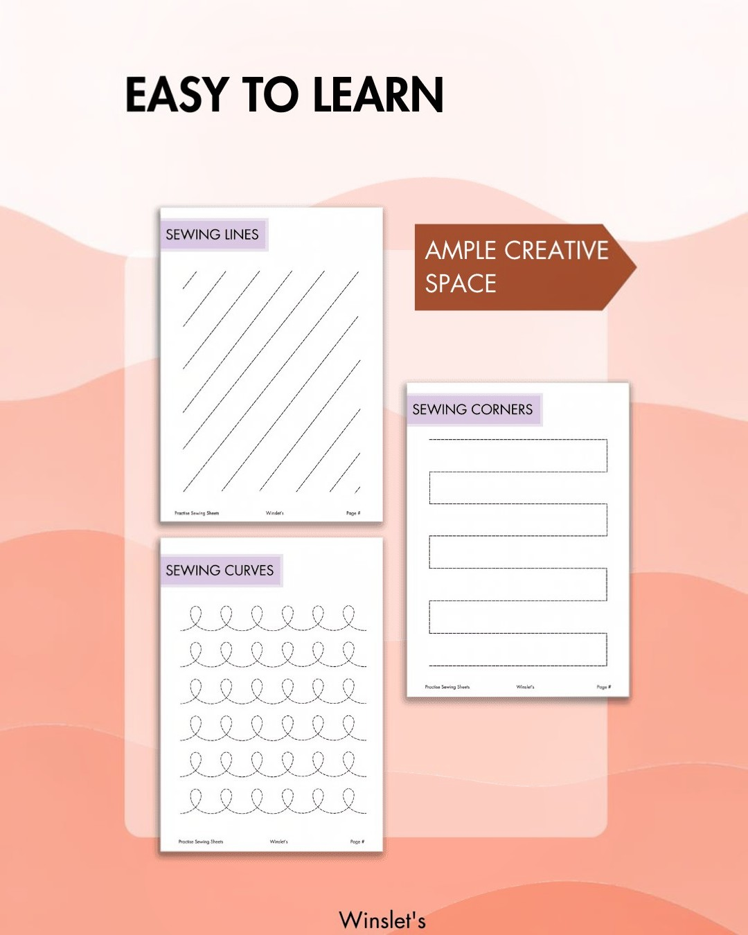 Digital sewing practice sheets with sewing lines, curves, and figures for easy learning