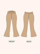 Technical illustration of the 'Brook' flared pants sewing pattern. Displays front and back views with an elastic waistband and wide-leg silhouette.