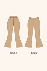 Technical illustration of the 'Brook' flared pants sewing pattern. Displays front and back views with an elastic waistband and wide-leg silhouette.