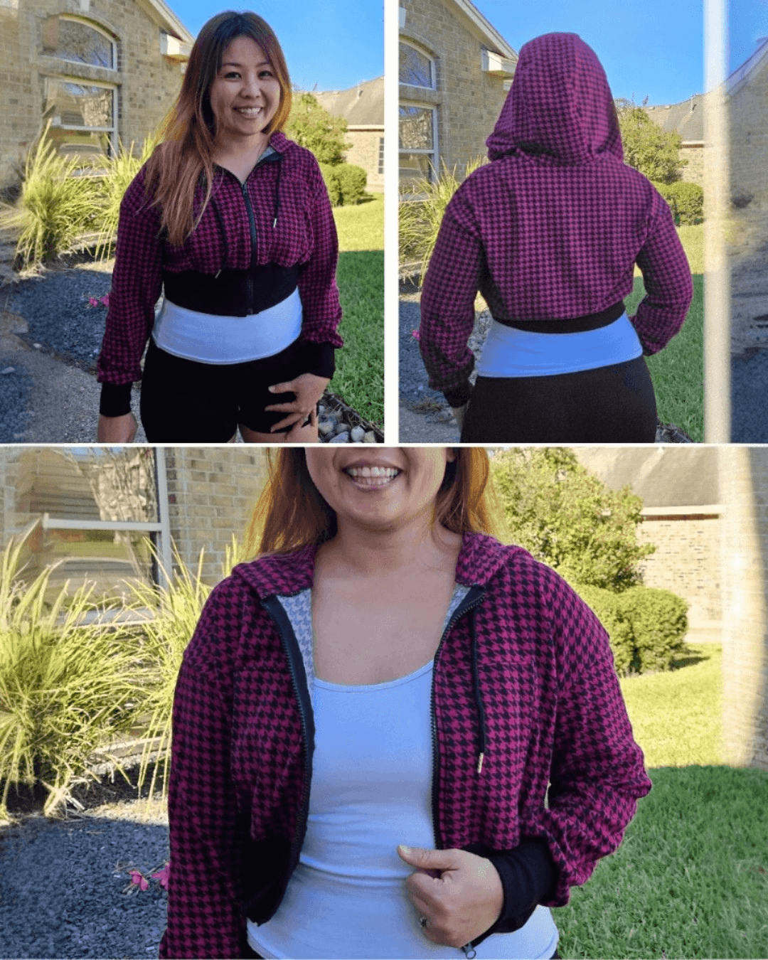 Woman holding a small dog in gray hoodie with drawstring, illustrating the sewing pattern for a cozy, hooded sweatshirt