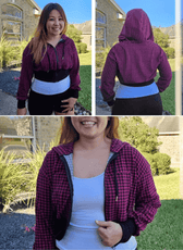 Woman holding a small dog in gray hoodie with drawstring, illustrating the sewing pattern for a cozy, hooded sweatshirt