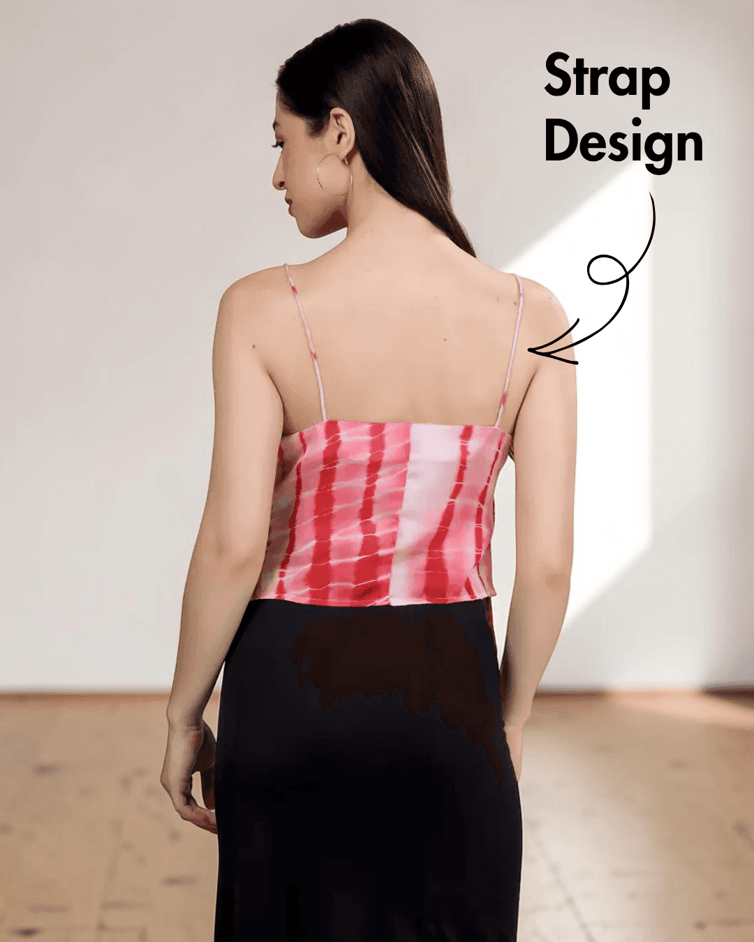 Back view of pink tie-dye sewing pattern top 'Freesia' with asymmetric hemline