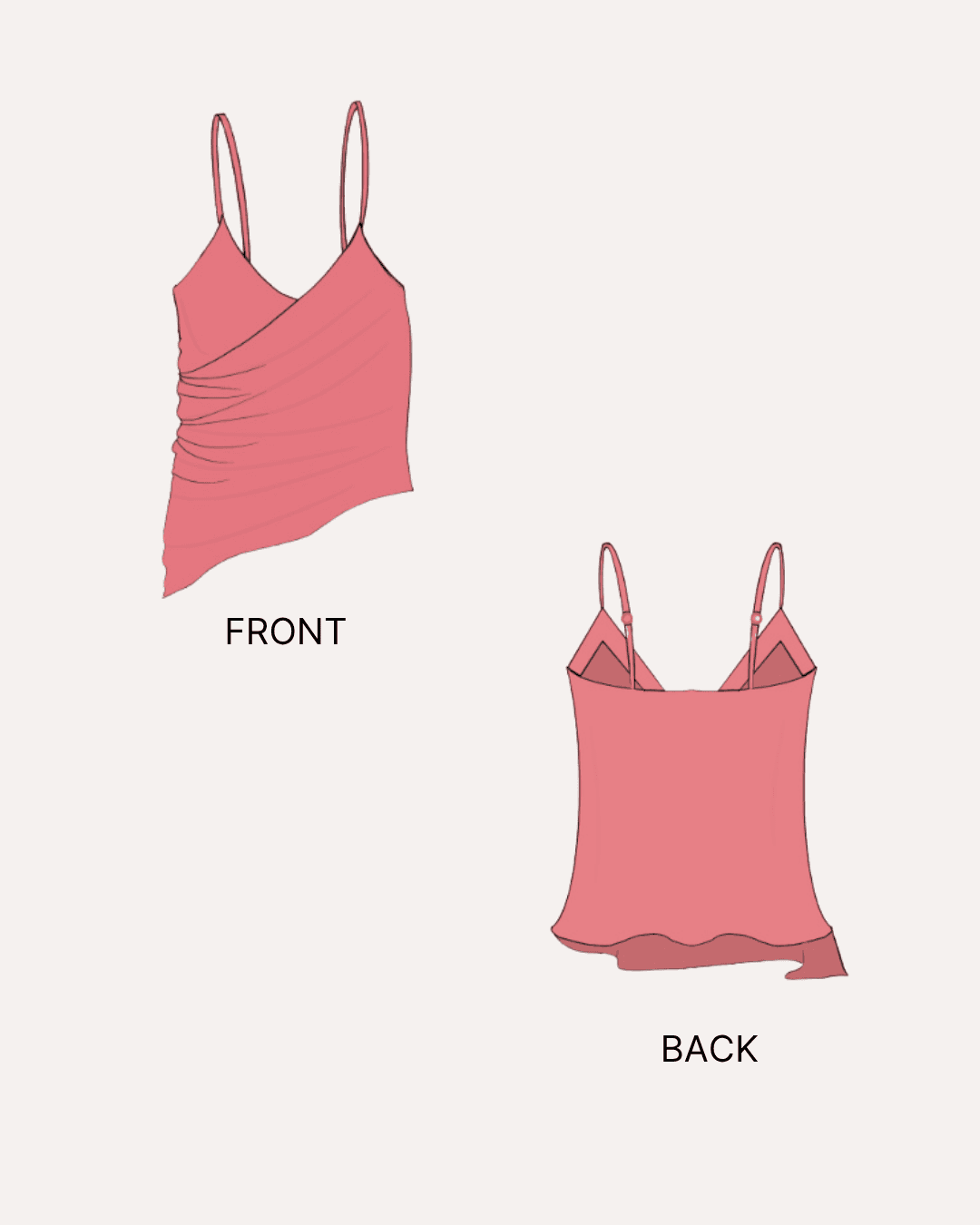 Pink sleeveless top with front and back views, sewing pattern illustration