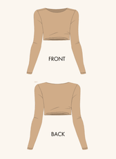 Technical illustration of Stella Long Sleeve Crop Top pattern, showing front and back views. A digital sewing pattern for DIY fashion enthusiasts.