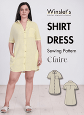 Yellow striped shirt dress with short sleeves, collar, chest pocket, and button-down front