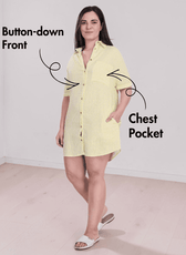 Yellow striped shirt dress with short sleeves, collar, chest pocket, and button-down front