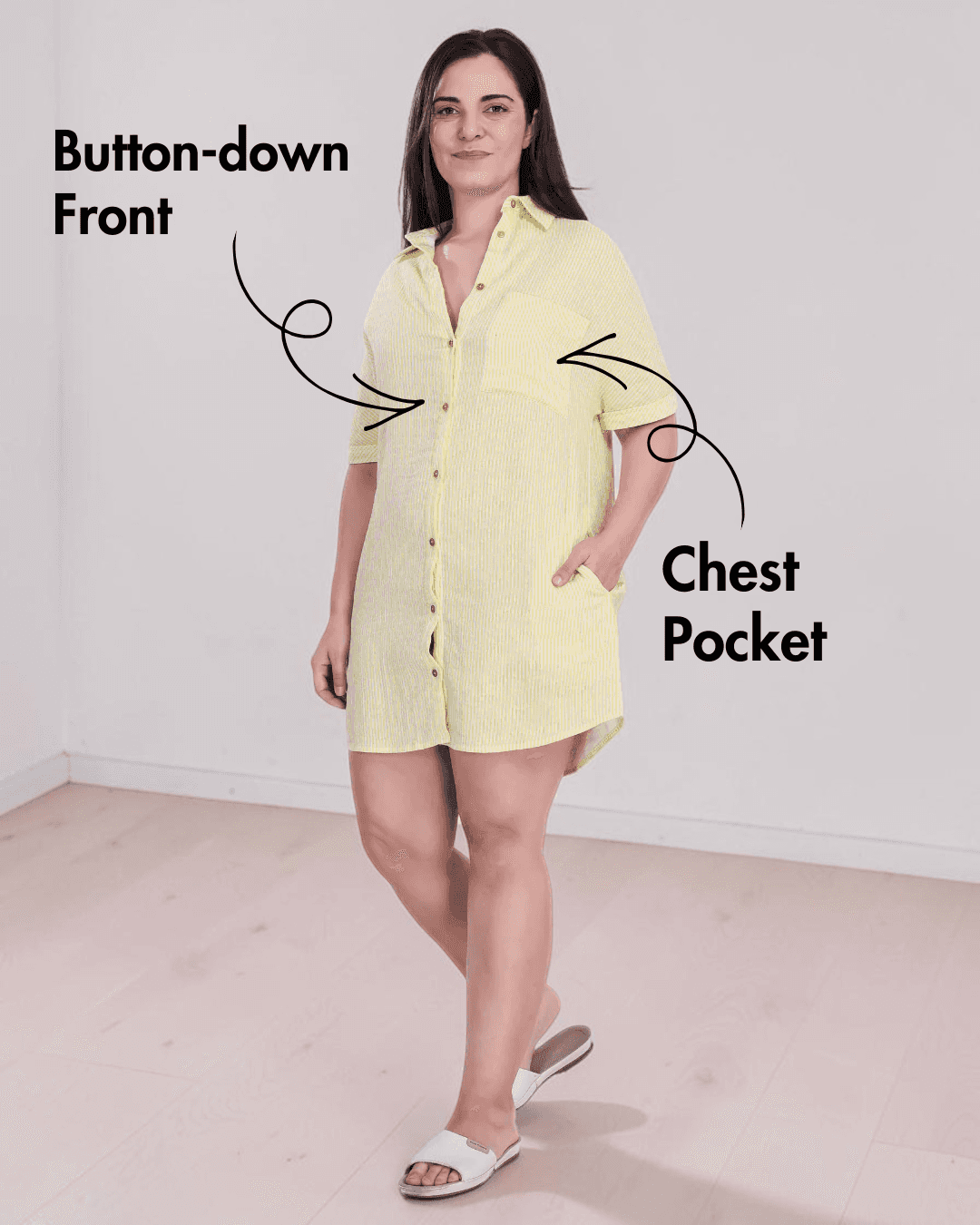 Yellow striped shirt dress with short sleeves, collar, chest pocket, and button-down front