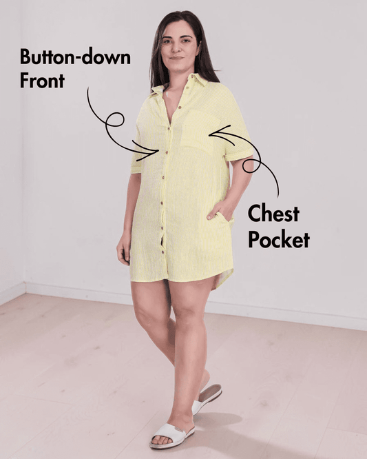 Yellow striped shirt dress with short sleeves, collar, chest pocket, and button-down front